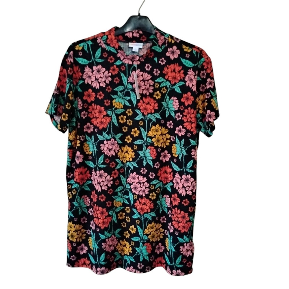LuLaRoe Floral Mock Neck Ribbed Short Sleeve Top Black Pink Orange Large NWT